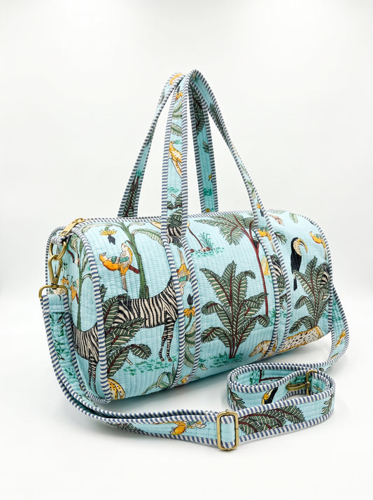 Powder Blue Safari Quilted Cotton Duffle Bag – Lightweight Travel Weekender