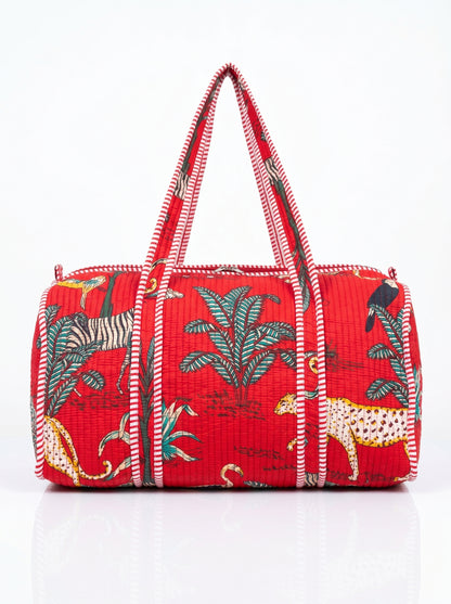 Red Safari Quilted Cotton Duffle Bag – Lightweight Travel Weekender
