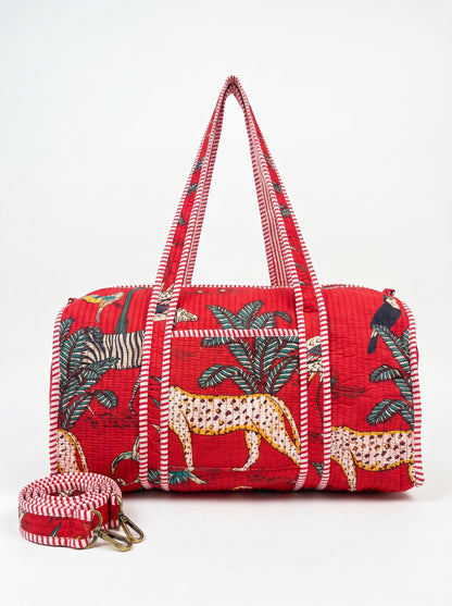 Red Safari Quilted Cotton Duffle Bag – Lightweight Travel Weekender