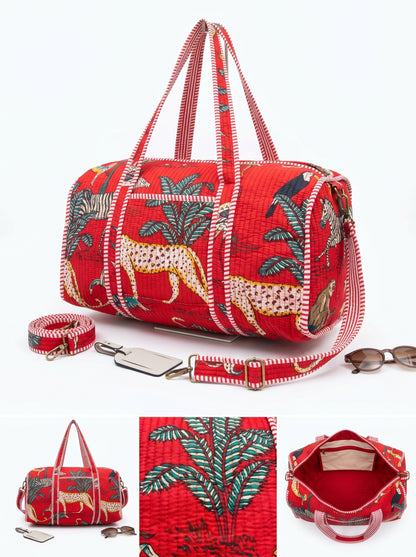 Red Safari Quilted Cotton Duffle Bag – Lightweight Travel Weekender