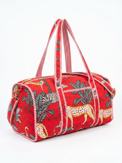 Red Safari Quilted Cotton Duffle Bag – Lightweight Travel Weekender
