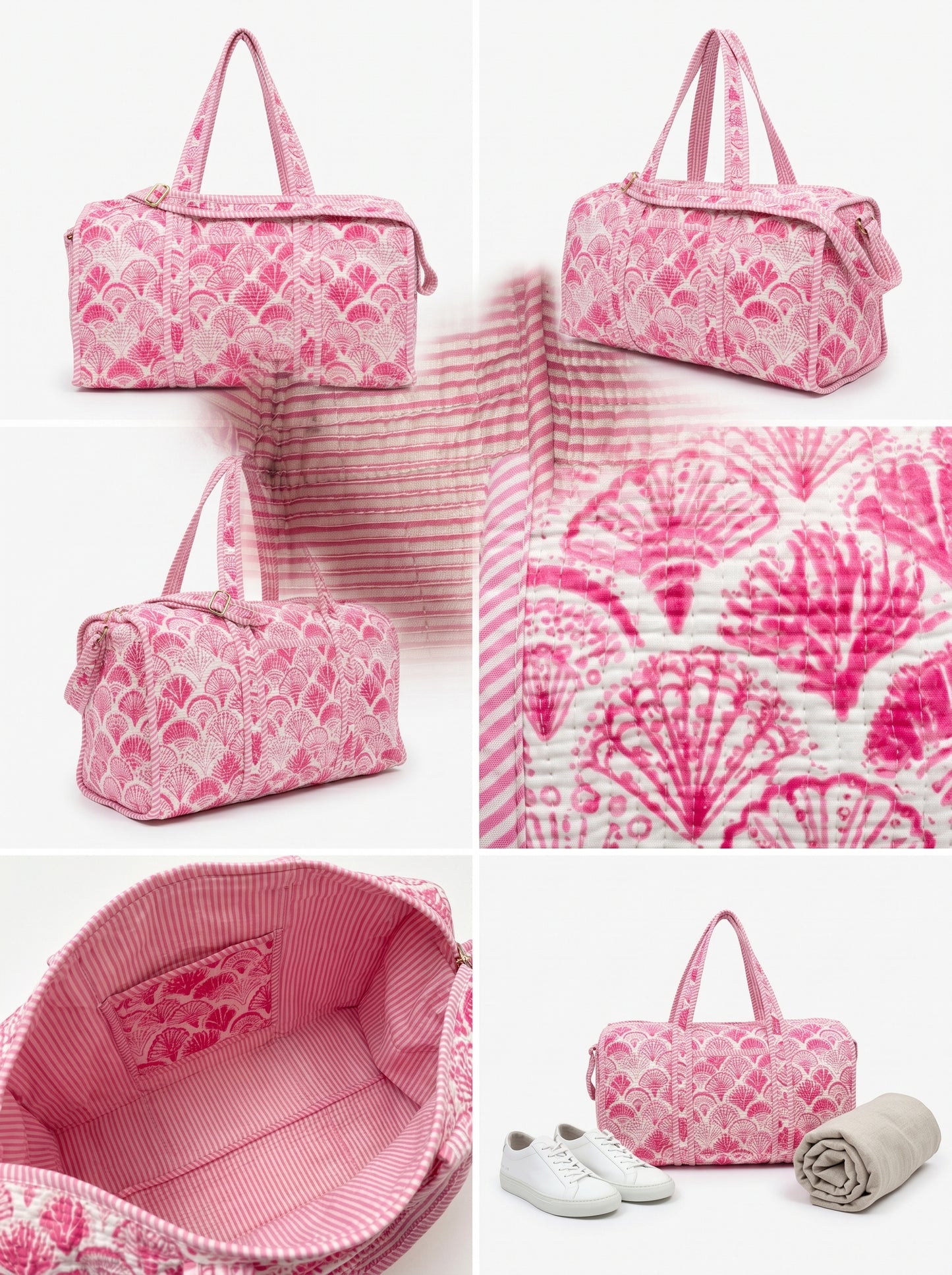 Pink Shell Quilted Cotton Duffle Bag – Lightweight Travel Weekender