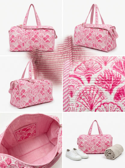 Pink Shell Quilted Cotton Duffle Bag – Lightweight Travel Weekender