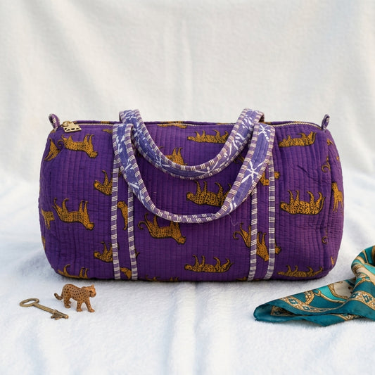 Purple Tiger Print Quilted Cotton Duffle Bag – Lightweight Travel Weekender