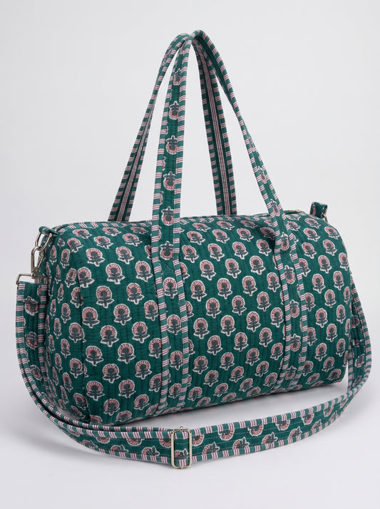 Royal Bottle Green Quilted Cotton Duffle Bag – Lightweight Travel Weekender