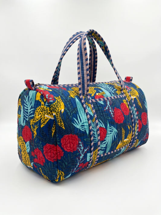 Blue floral Quilted Cotton Duffle Bag – Lightweight Travel Weekender