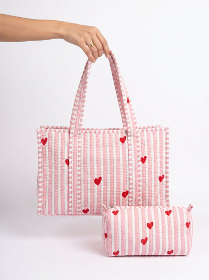 Pink Hearts Quilted Tote & Pouch Set