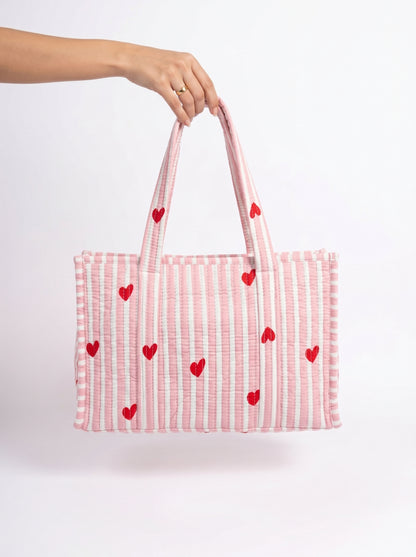Pink Hearts Quilted Mini Tote Bag 10X12