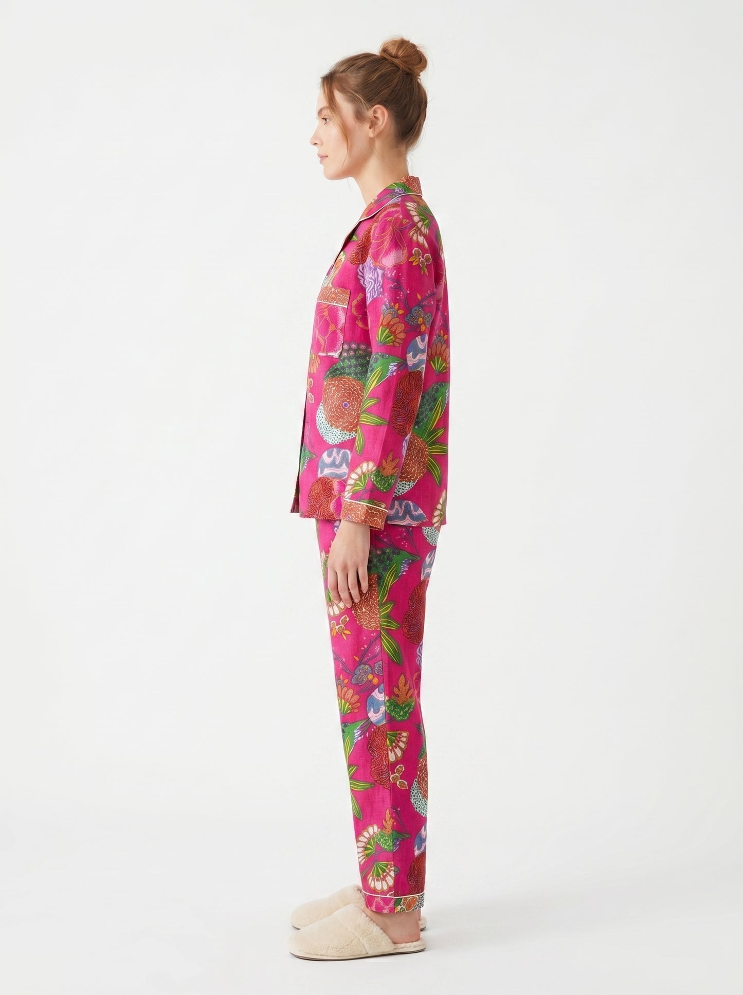 Women’s Pink Garden Whispers Print Cotton Night Suit Set - Elegant Two Piece Pajama Set