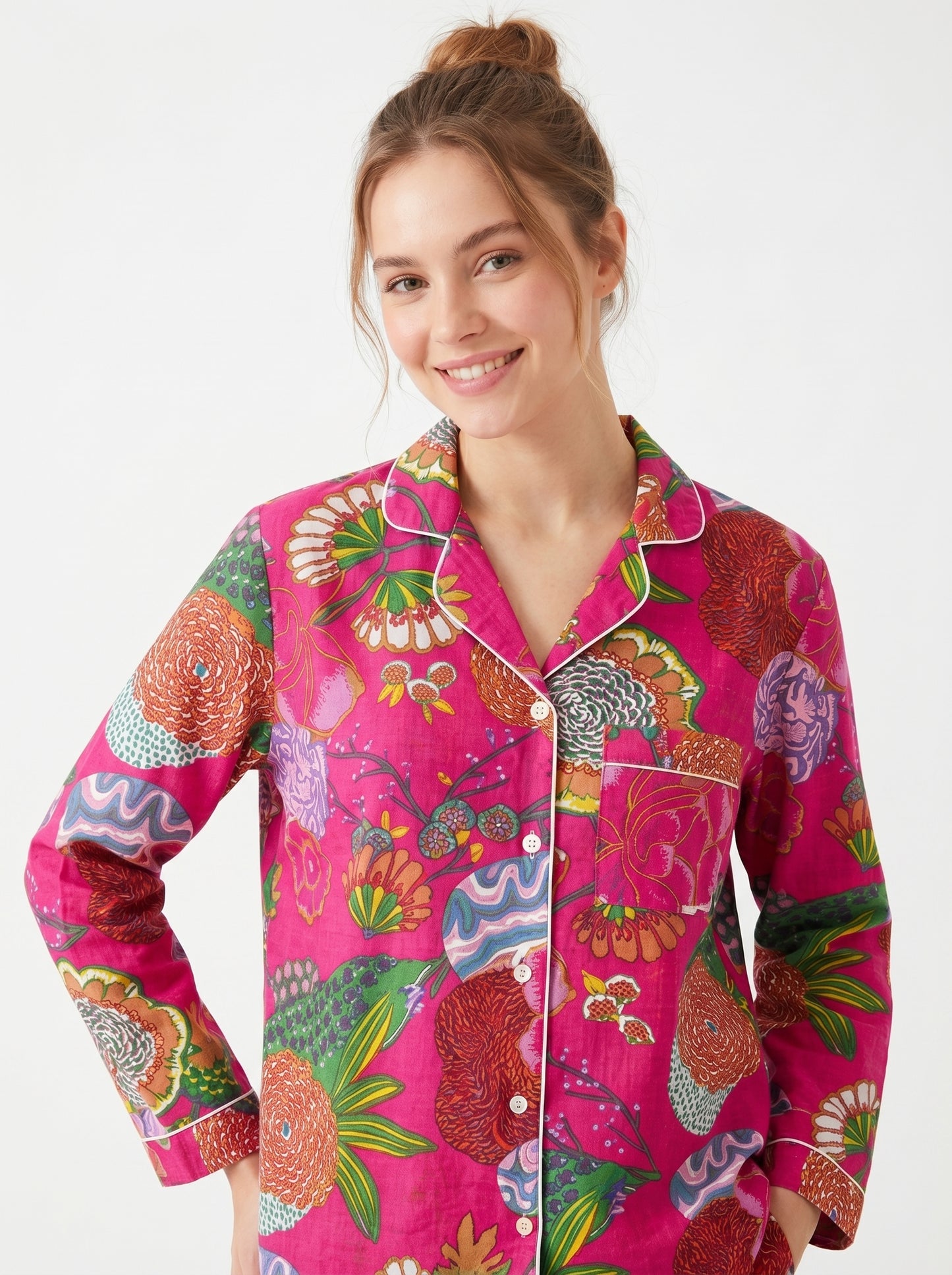 Women’s Pink Garden Whispers Print Cotton Night Suit Set - Elegant Two Piece Pajama Set