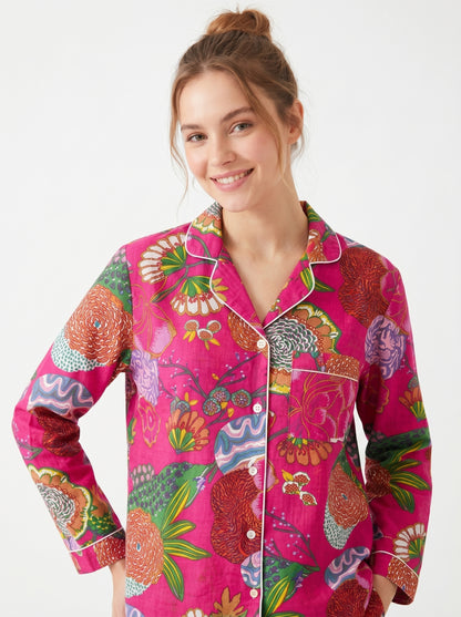 Women’s Pink Garden Whispers Print Cotton Night Suit Set - Elegant Two Piece Pajama Set