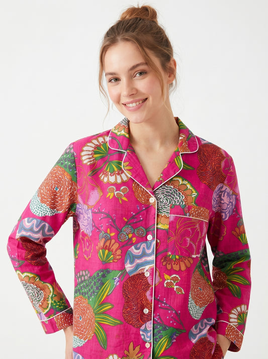 Women’s Pink Garden Whispers Print Cotton Night Suit Set - Elegant Two Piece Pajama Set