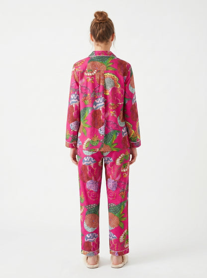 Women’s Pink Garden Whispers Print Cotton Night Suit Set - Elegant Two Piece Pajama Set