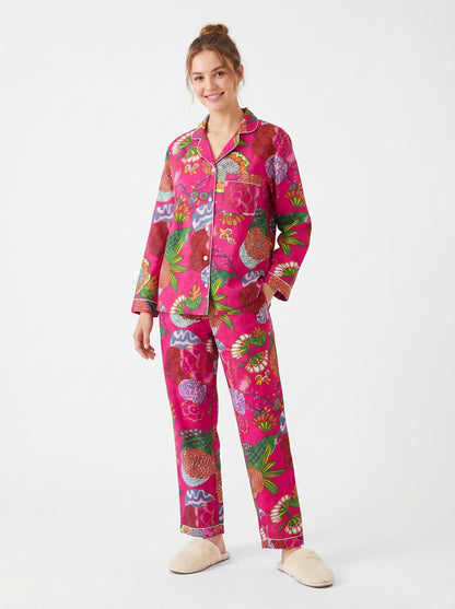 Women’s Pink Garden Whispers Print Cotton Night Suit Set - Elegant Two Piece Pajama Set
