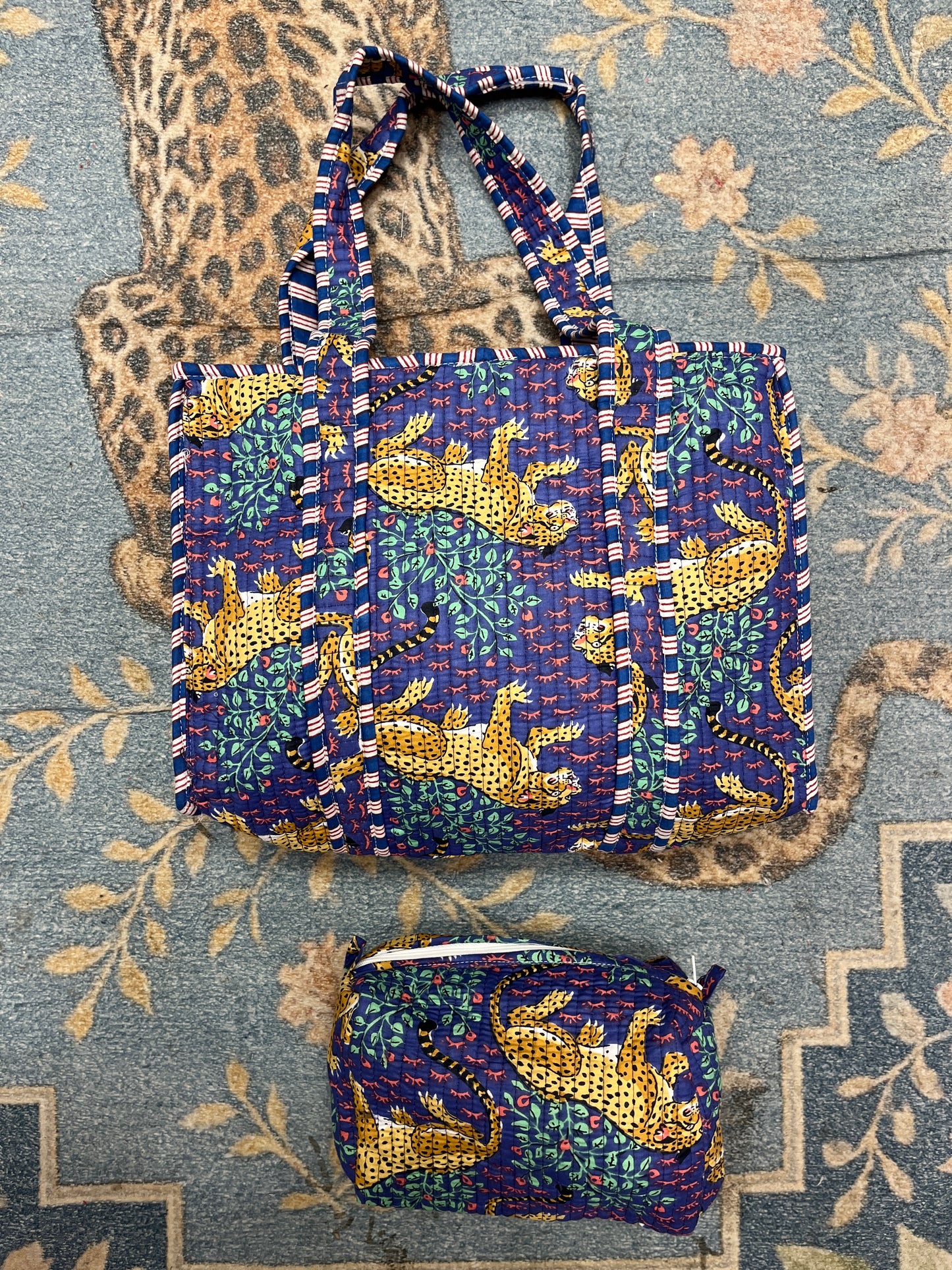 Blue Leopard tiger Quilted Tote & Pouch Set