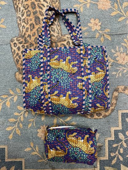 Blue Leopard tiger Quilted Tote & Pouch Set