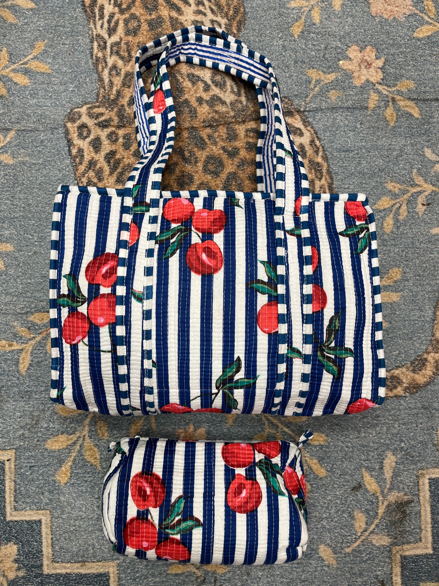 Blue White Striped Cherry tiger Quilted Tote & Pouch Set