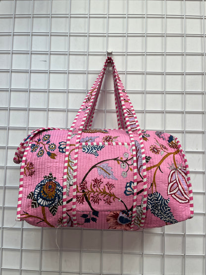 Blush Pink Floral  Quilted Cotton Duffle Bag – Lightweight Travel Weekender