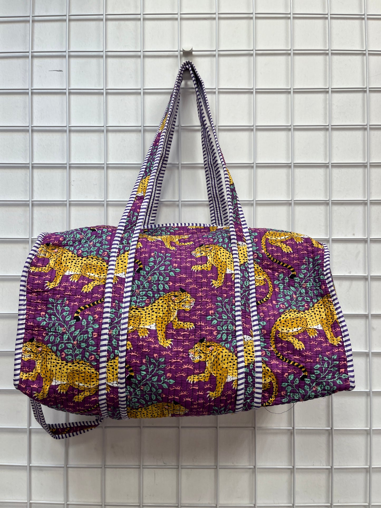 Violet Bloom Cheetah Quilted Cotton Duffle Bag – Lightweight Travel Weekender
