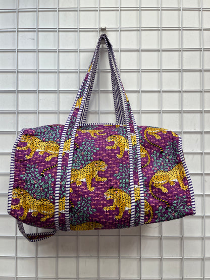 Violet Bloom Cheetah Quilted Cotton Duffle Bag – Lightweight Travel Weekender