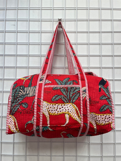 Red Safari Quilted Cotton Duffle Bag – Lightweight Travel Weekender
