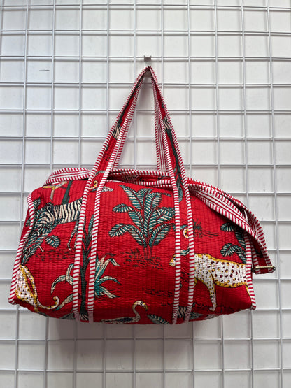 Red Safari Quilted Cotton Duffle Bag – Lightweight Travel Weekender