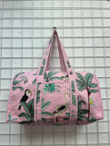 Blush Pink Safari Print Quilted Cotton Duffle Bag – Lightweight Travel Weekender