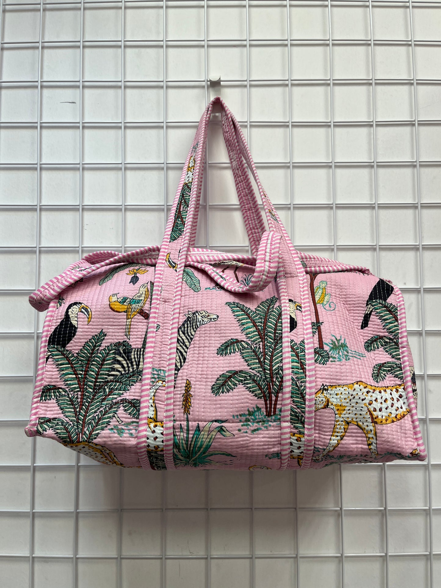 Blush Pink Safari Print Quilted Cotton Duffle Bag – Lightweight Travel Weekender