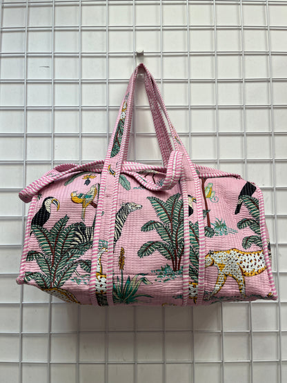 Blush Pink Safari Print Quilted Cotton Duffle Bag – Lightweight Travel Weekender