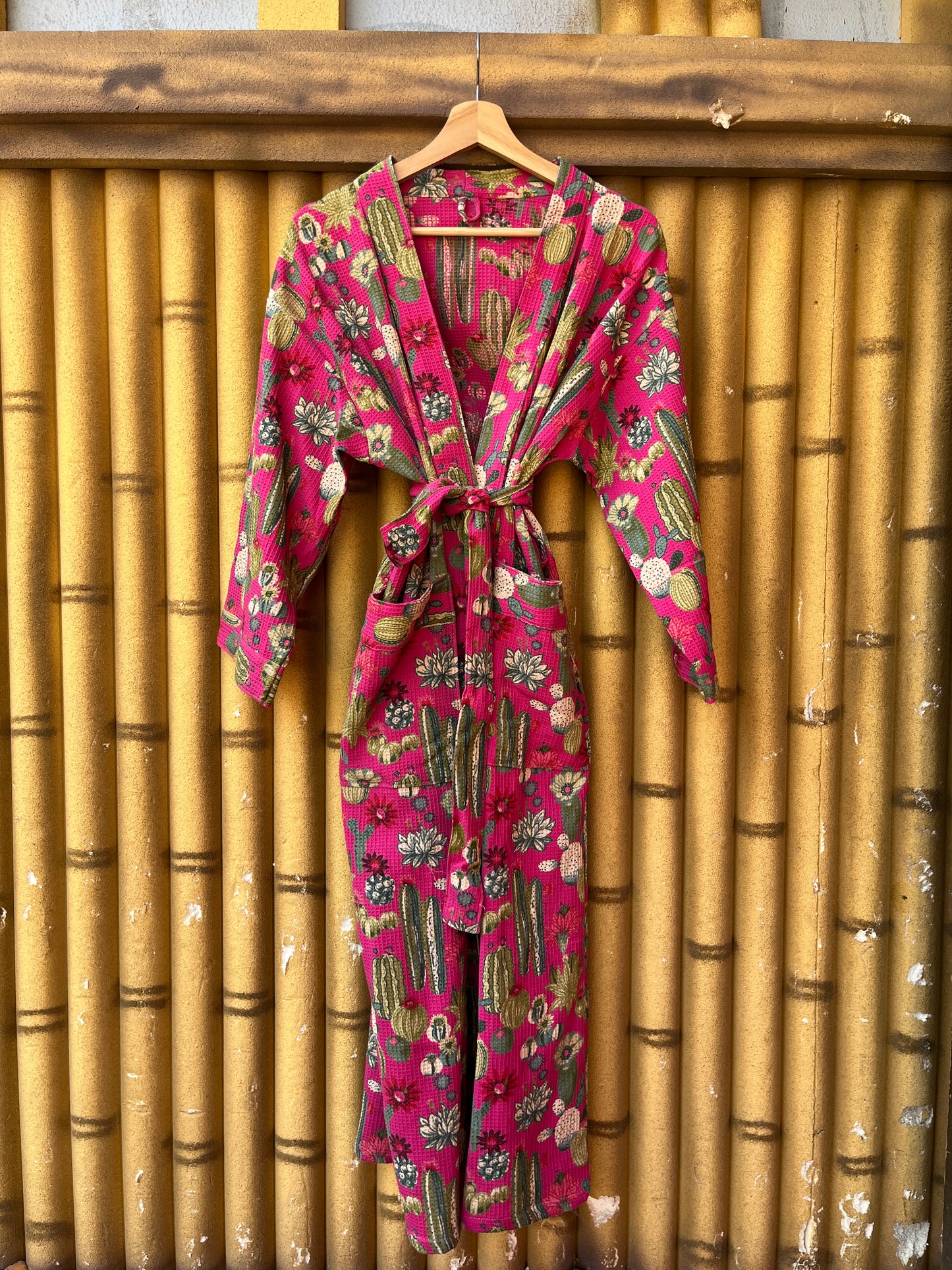 Cute Pink Cactus Plum Waffle Bathrobe – Luxury Spa Robe