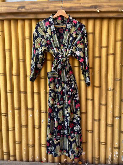 Cute Black Cactus Plum Waffle Bathrobe – Luxury Spa Robe