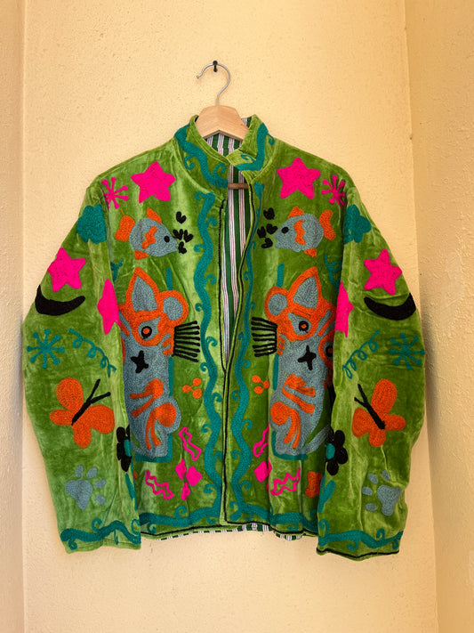 Women's Green Classic 1027 Suzani Reversible Velvet Jacket – Artistic Embroidered Statement Jacket
