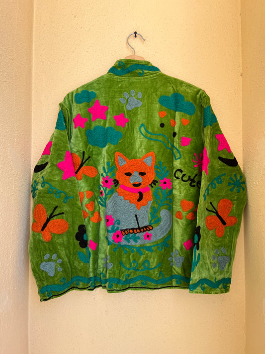 Women's Green Classic 1027 Suzani Reversible Velvet Jacket – Artistic Embroidered Statement Jacket