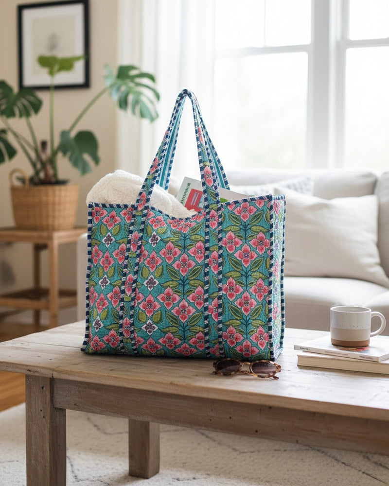 Emerald green reversible floral quilted cotton tote bag for women by House of Arya