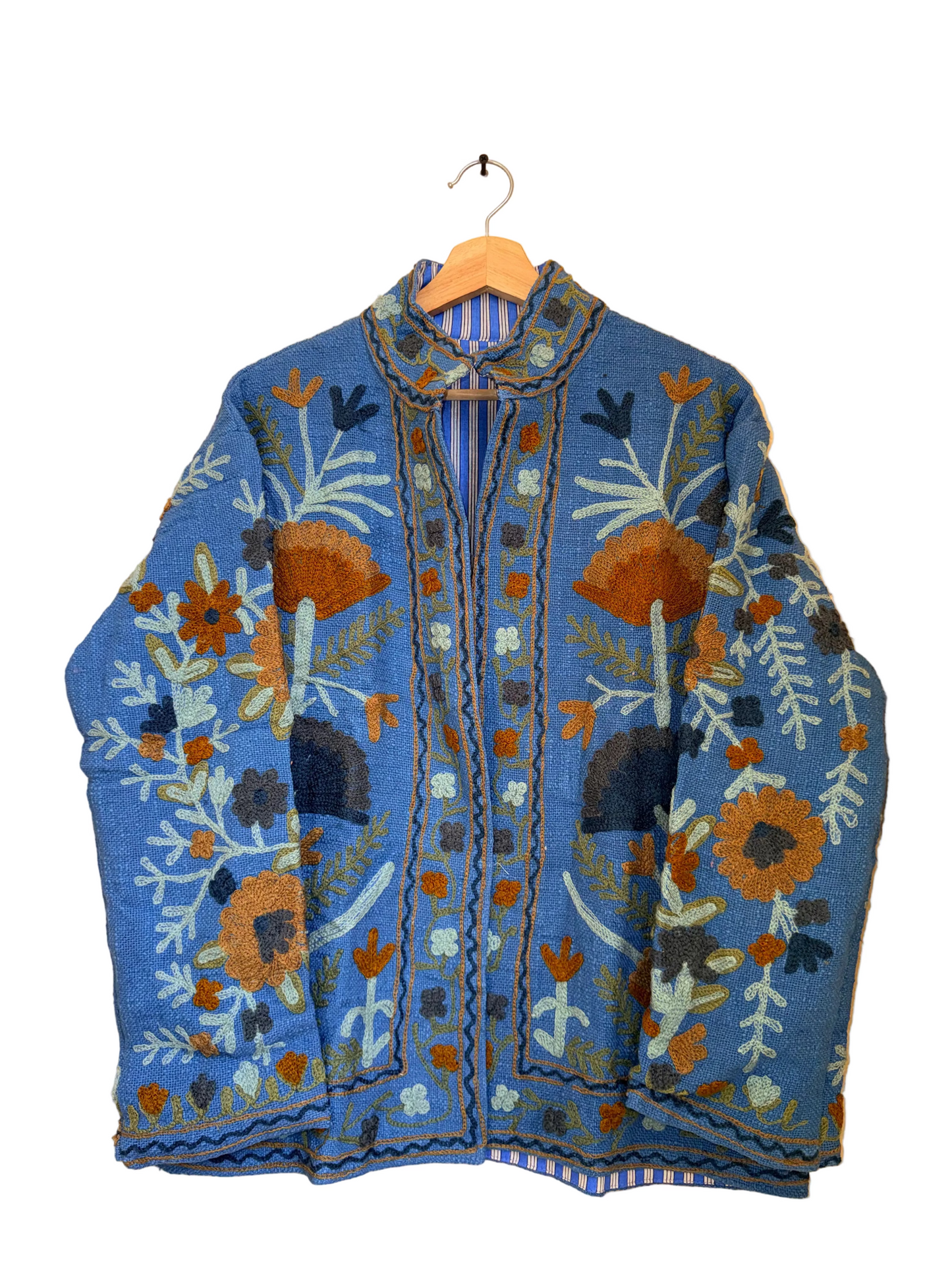 Royal Bloom Suzani Jacket – Women’s Blue Cotton Reversible Embroidered Floral Jacket