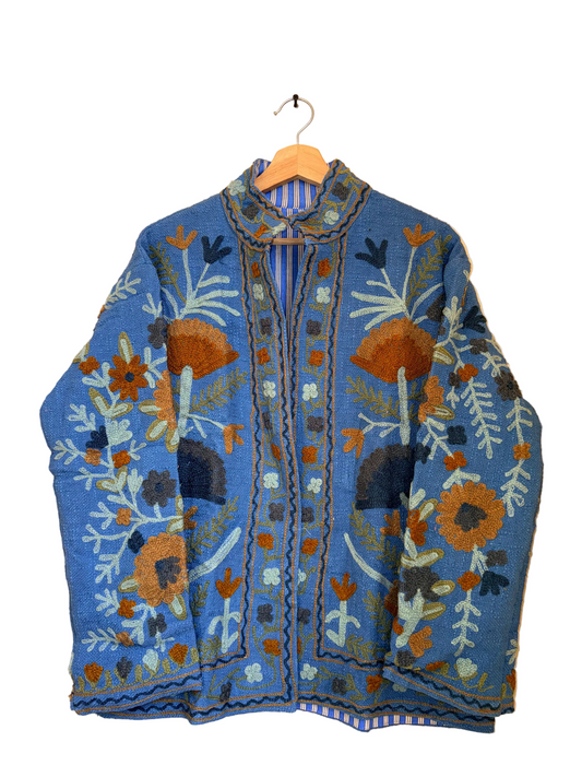 Royal Bloom Suzani Jacket – Women’s Blue Cotton Reversible Embroidered Floral Jacket