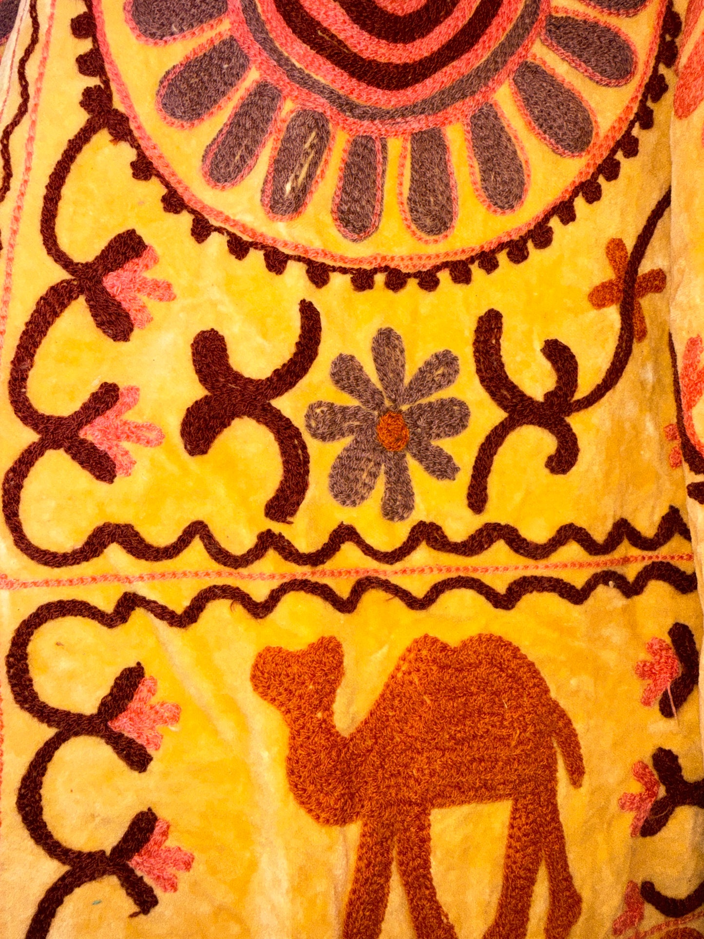 Desert Gold Suzani Jacket – Women’s Yellow Velvet Reversible Embroidered Camel Jacket