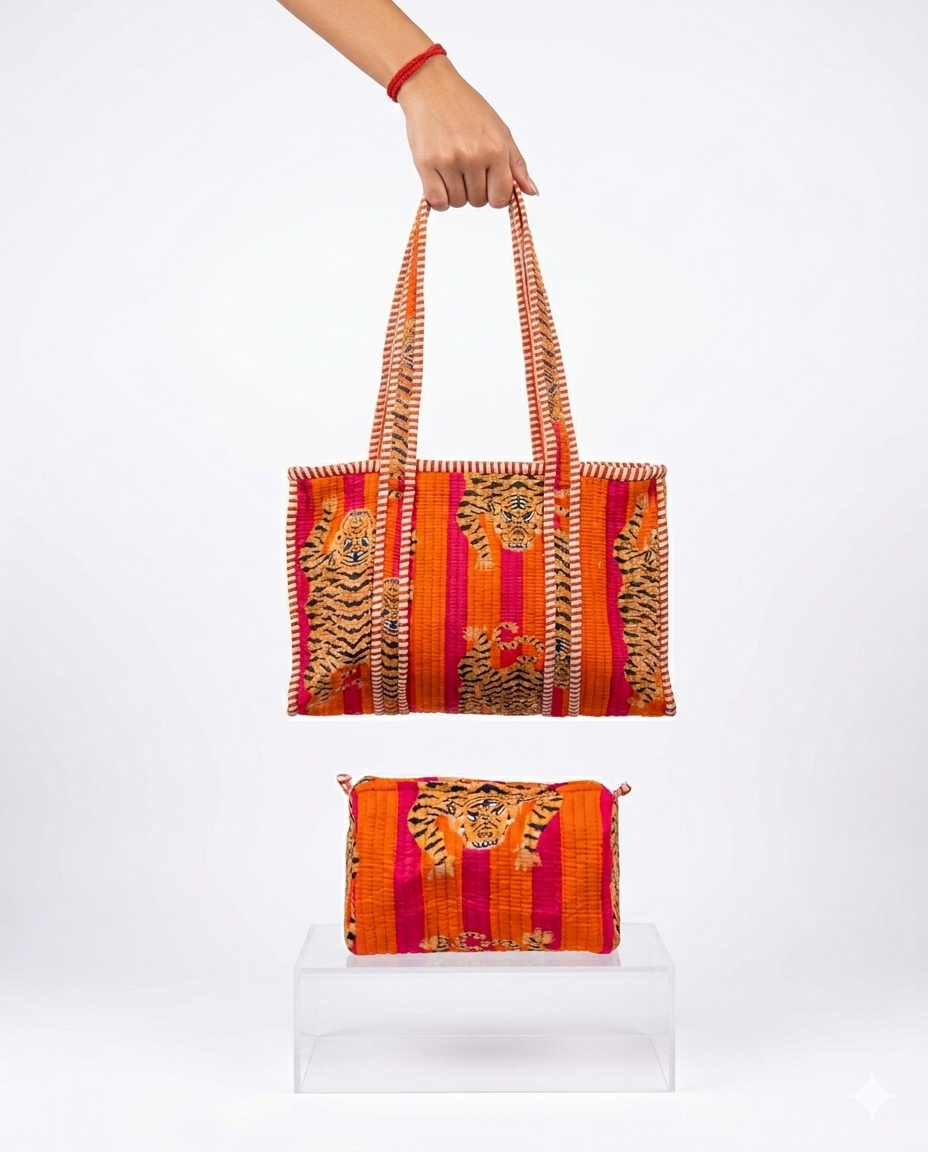Tiger Tango – Tibetan Quilted Tote & Pouch Set