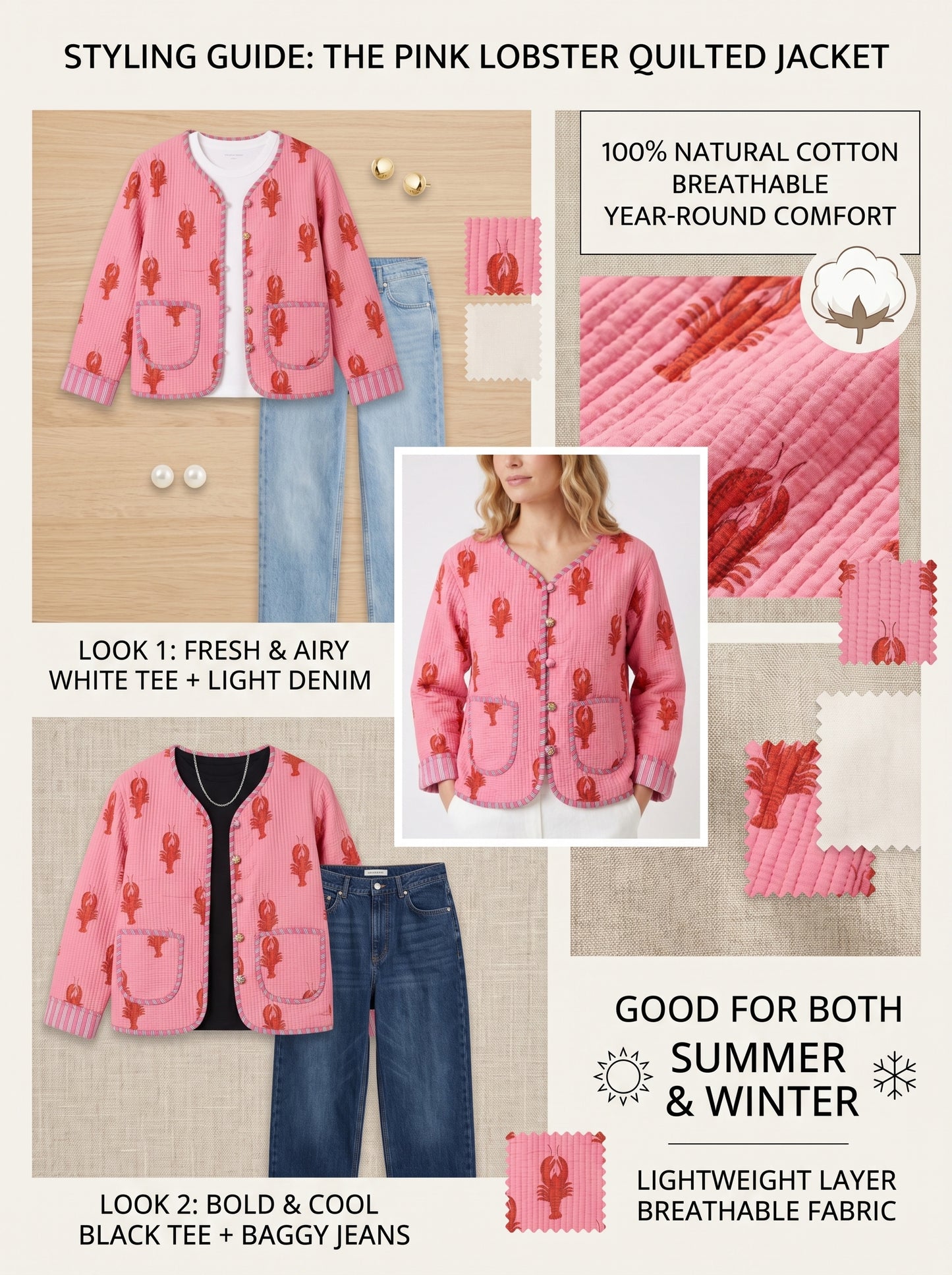Lobster Pink Love – Chic Pink Cotton Quilted Reversible Jacket