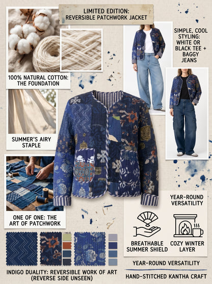 Midnight Blue Indigo – Patchwork Quilted Cotton Reversible Jacket