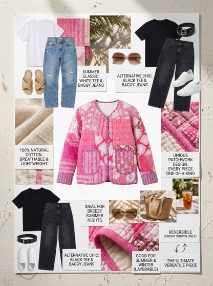 Rosé Pink Delight – Patchwork Cotton Quilted Reversible Jacket