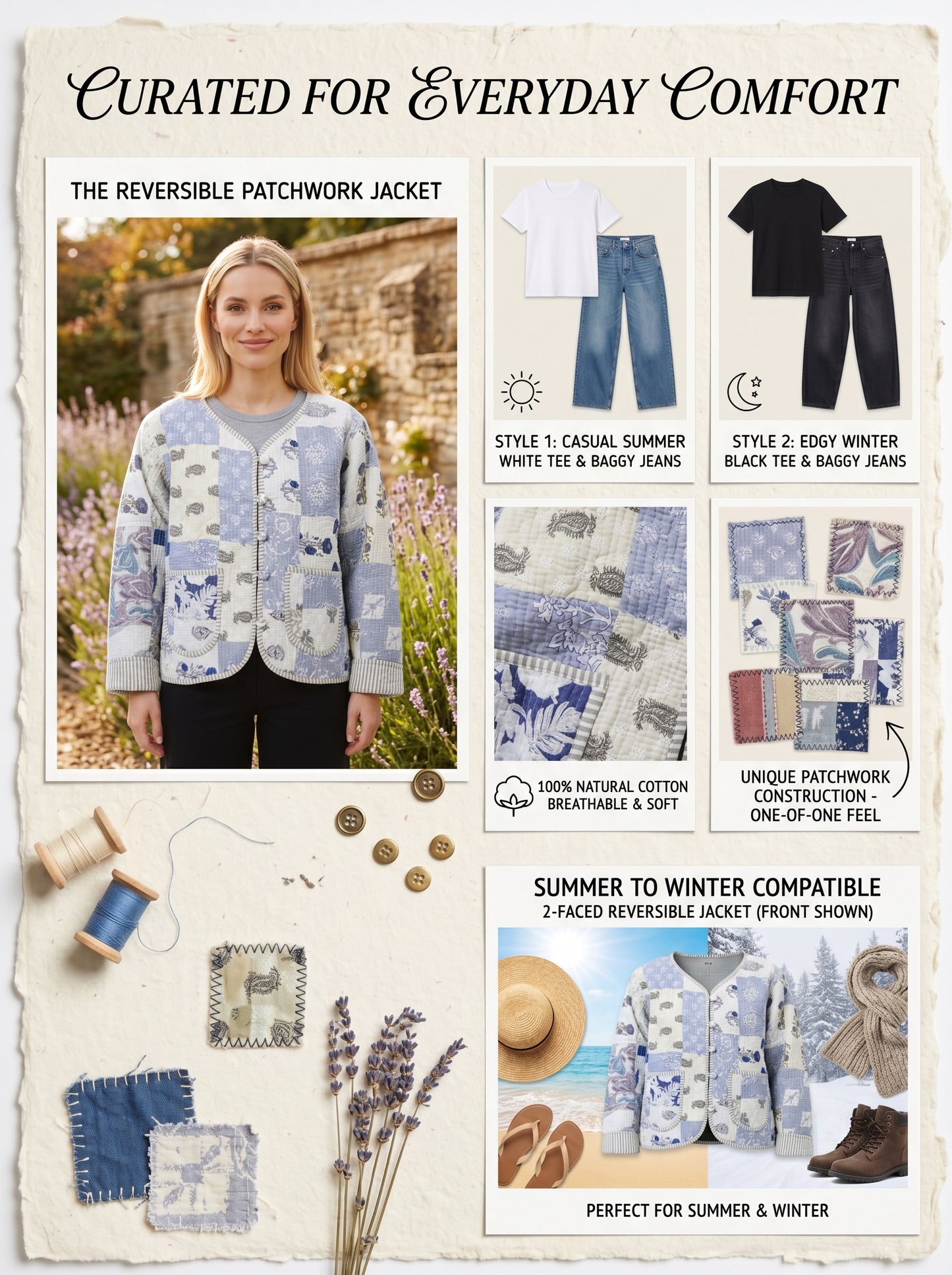 White Blue Mist – Patchwork Cotton Quilted Reversible Jacket