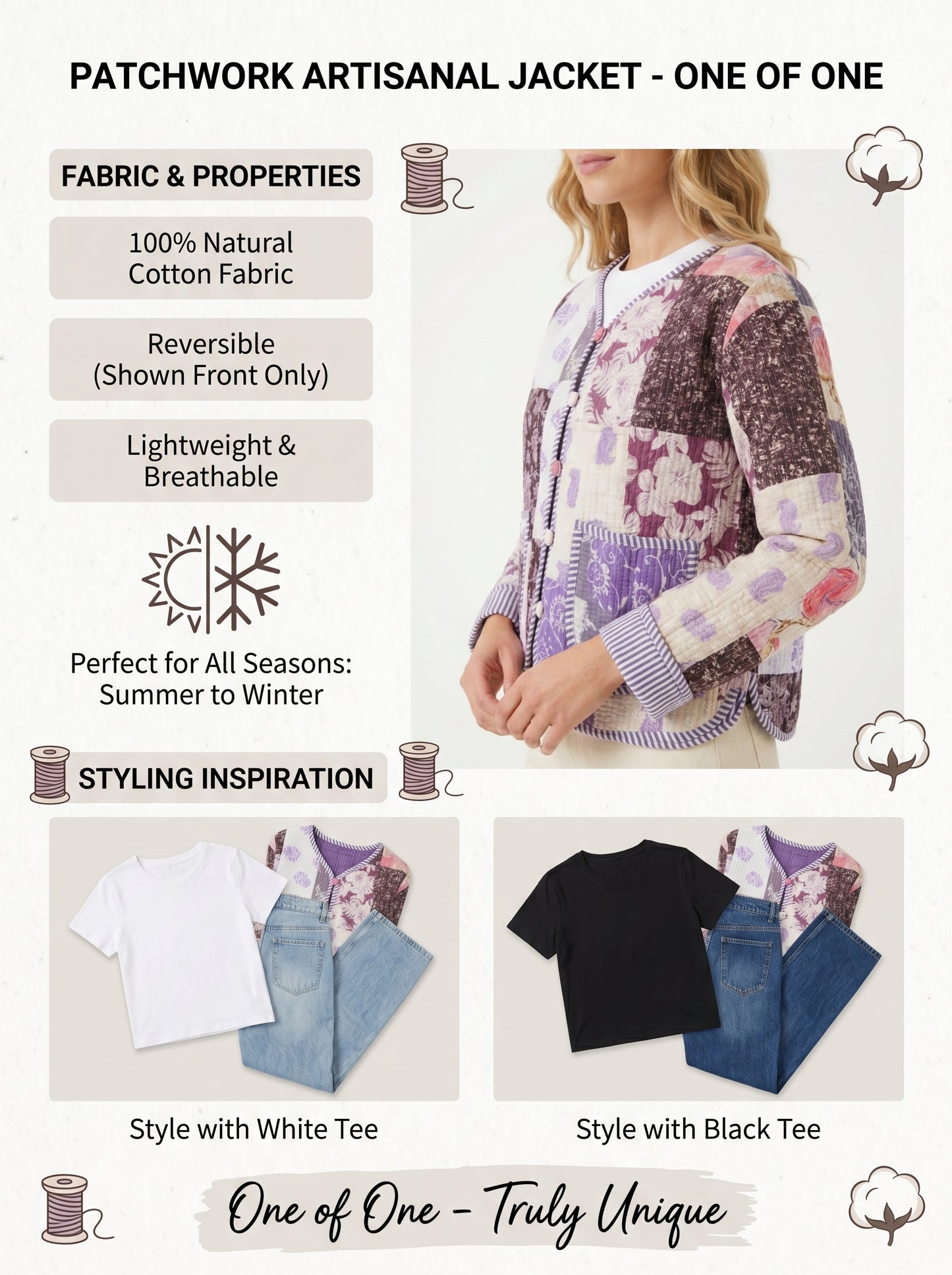Lilac Purple Charm – Lavender Patchwork Cotton Quilted Reversible Jacket