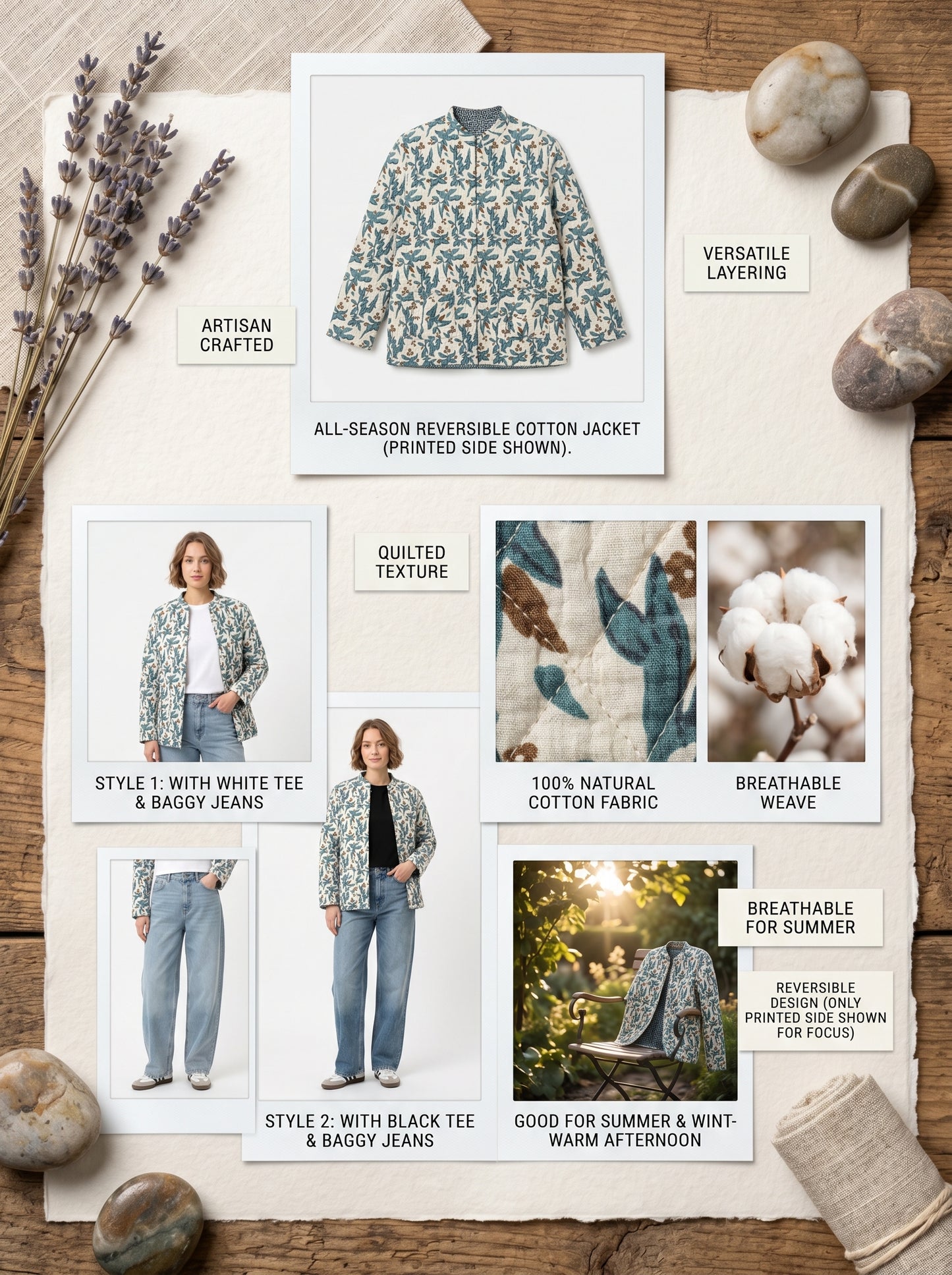 Blue Vine Petals – Long Blue Patchwork Cotton Quilted Reversible Jacket