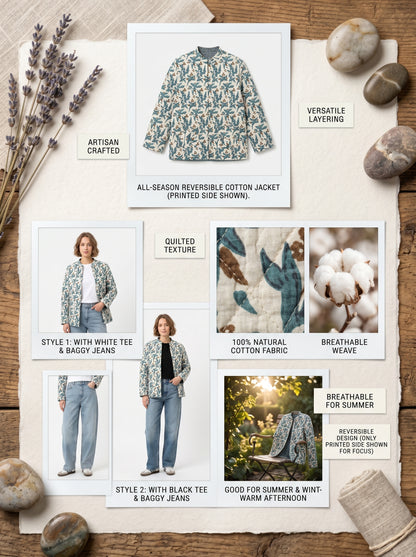 Blue Vine Petals – Long Blue Patchwork Cotton Quilted Reversible Jacket
