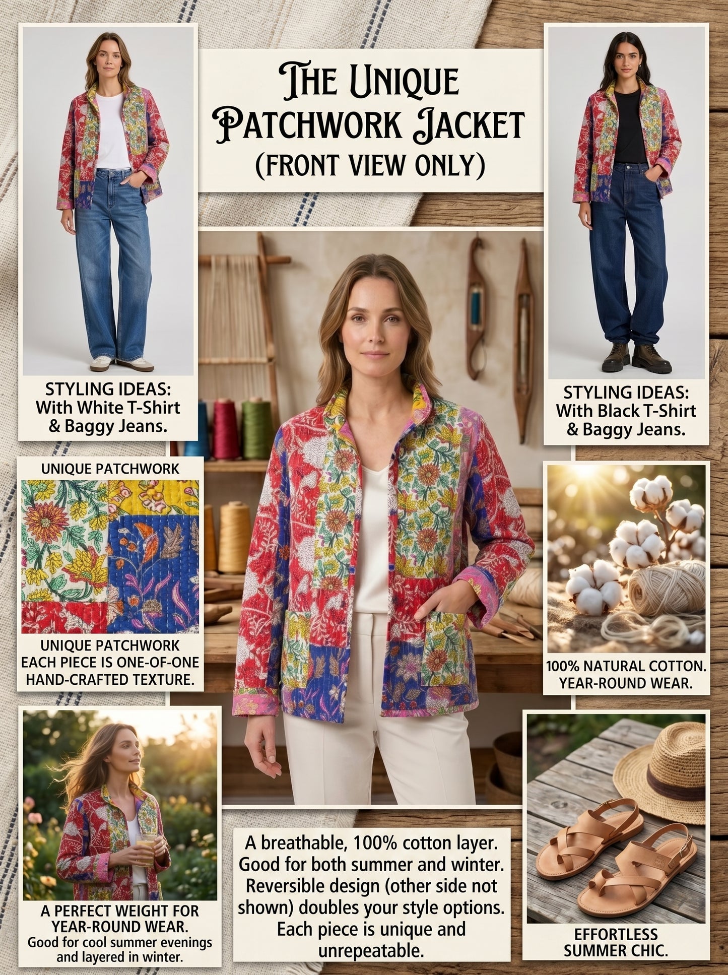 Pink Floral – Long Cotton Quilted Reversible Jacket