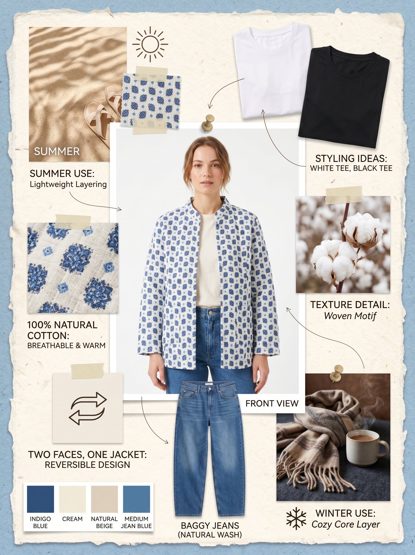 Sky Blue Petals – Long Cotton Quilted Reversible Jacket