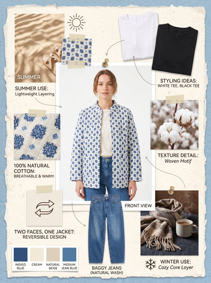 Sky Blue Petals – Long Cotton Quilted Reversible Jacket