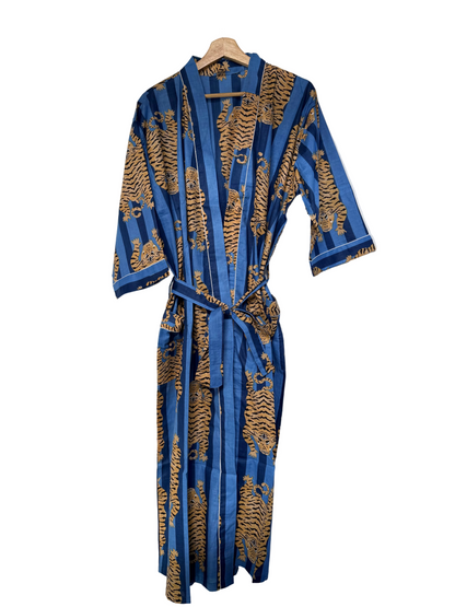 Tiger Blue Stripes-3 – Women’s Cotton Tibetan Kimono