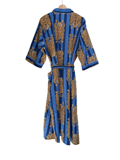 Tiger Blue Stripes-3 – Women’s Cotton Tibetan Kimono